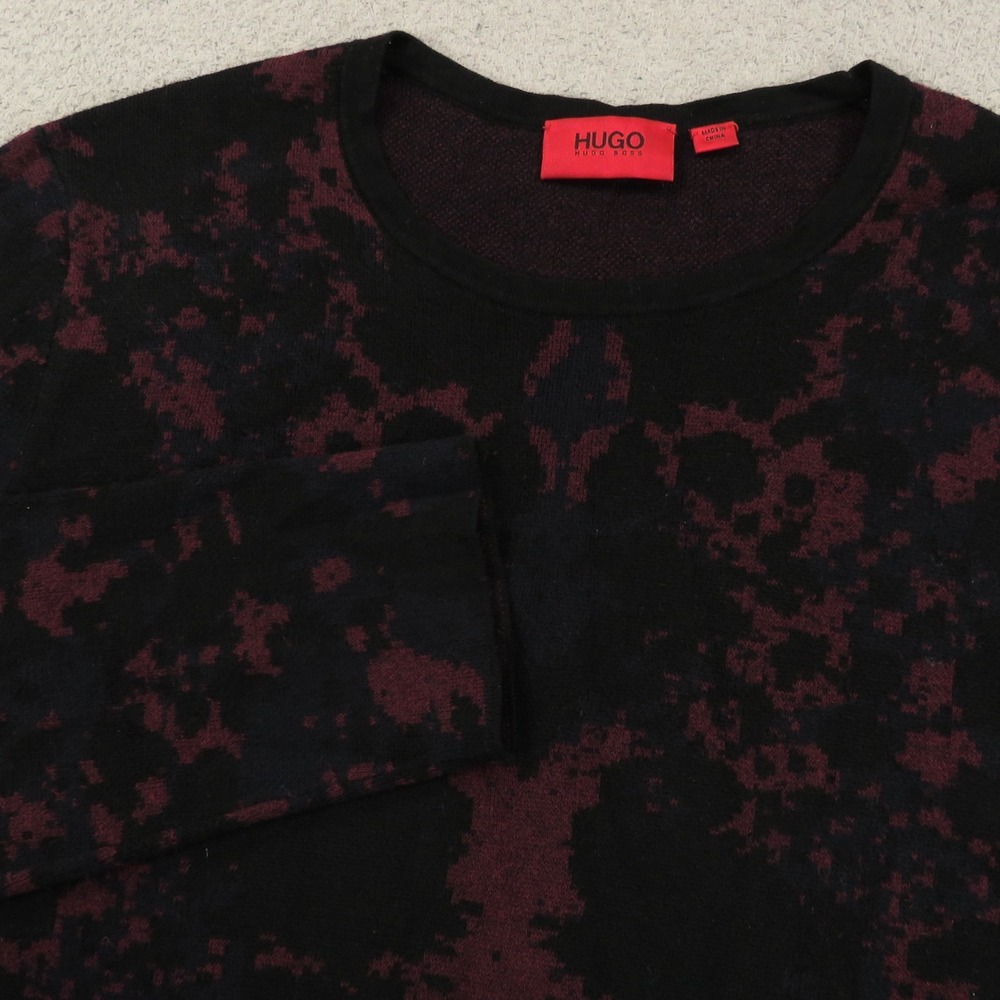 HUGO Boss Sweater Mens Small Silk Cotton Viscose Black Red Dye LS Pullover Shirt